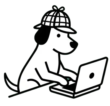 Verdictly mascot - detective dog on laptop